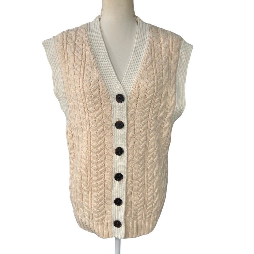 Rebecca Taylor Cable Knit Wool Button Front Sweater Vest Blush Pink Cream Size L